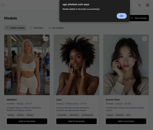 The image displays a user interface for a model selection platform with a notification confirming a model has been added to favorites.