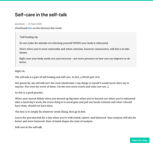 The image features a blog post discussing self-care and self-talk, emphasizing the importance of positive self-communication during times of exhaustion.