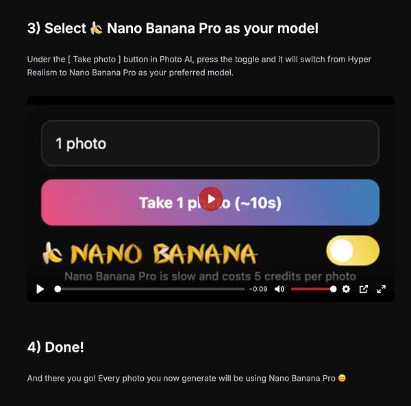 The image displays a user interface for selecting the Nano Banana Pro model in a photo AI application.