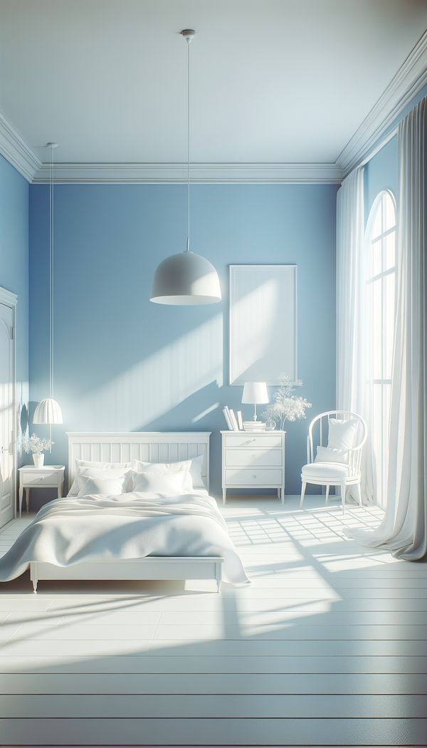 A bright and airy bedroom painted in a soft tint of blue, with white furnishings and natural light flooding in from a window.