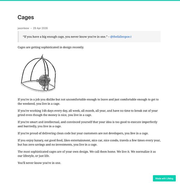 A peaceful scene of a bird perched inside a wire cage surrounded by green foliage outside a window.