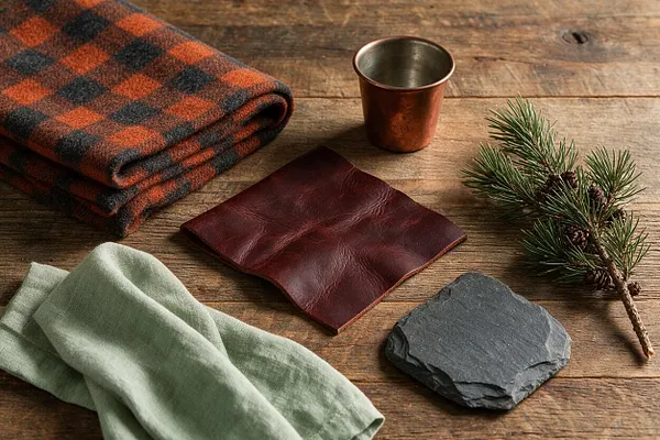 A rustic tabletop arrangement on weathered wood with folded orange-and-black plaid wool, a soft pale green cloth, a burgundy leather swatch, a slate stone piece, a copper cup, and a pine branch. The scene emphasizes natural textures, earthy tones, and handcrafted materials.