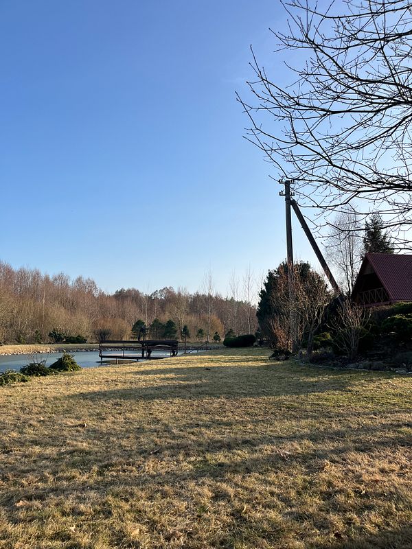 A serene outdoor setting featuring a pond, a wooden dock, and a cozy cabin.
