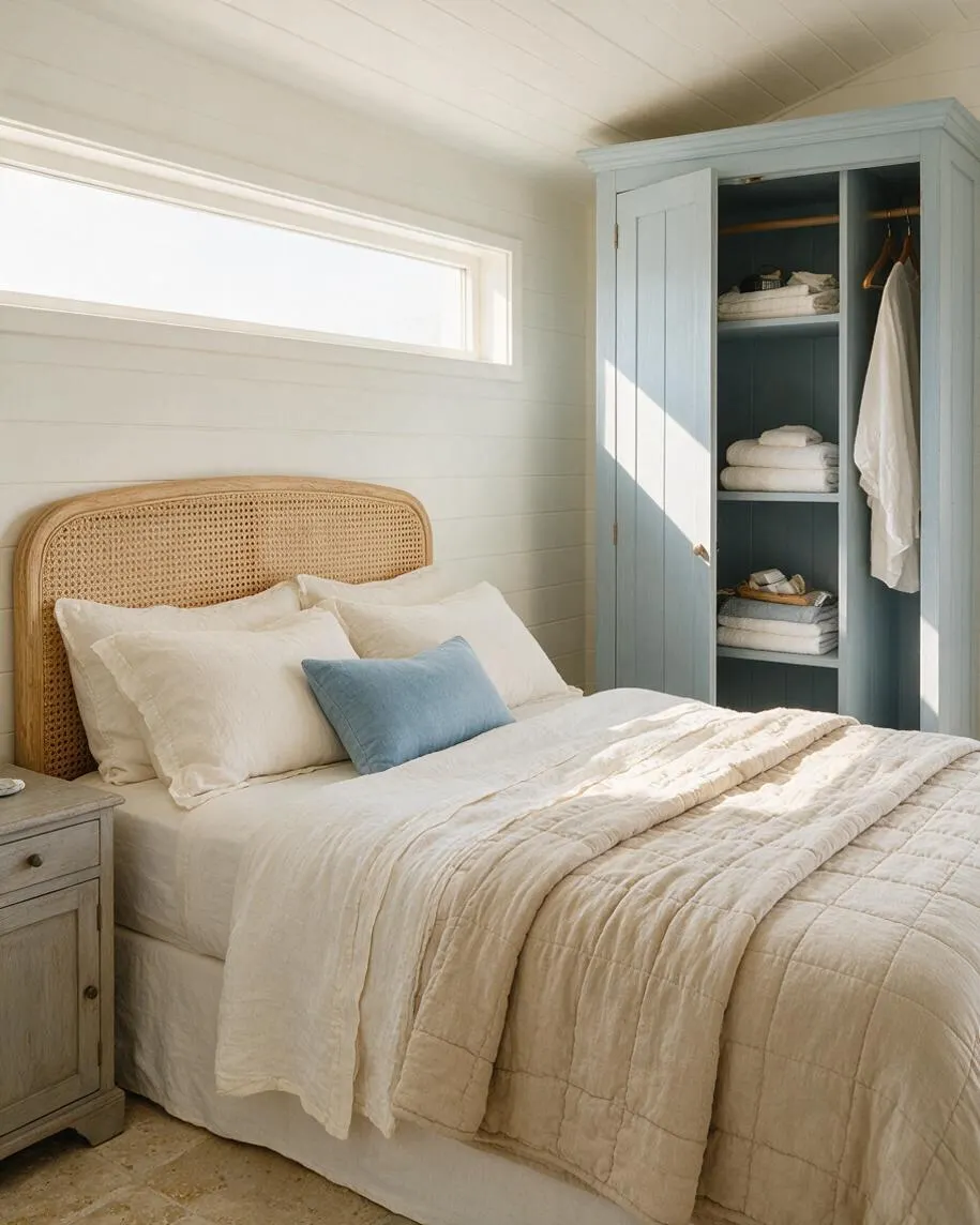 A serene coastal-style guest bedroom with a woven cane headboard, crisp white bedding, and a soft blue accent pillow. A pale blue built-in wardrobe stands open at the side, showing folded towels and hanging robes, while a weathered wood nightstand and warm stone floor add natural texture.