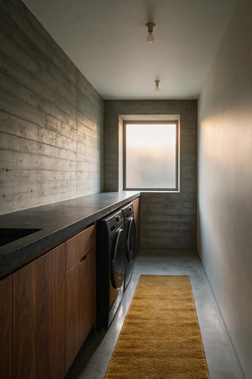 A narrow laundry room with exposed concrete block walls, a smooth concrete floor, and a long dark countertop over warm walnut cabinetry. Black front-load washer and dryer sit beneath the counter, with a frosted window at the end and a mustard-yellow runner adding contrast.