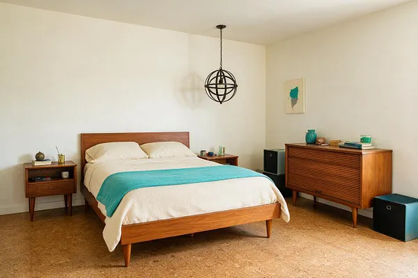 A master bedroom with a walnut platform bed centered against a white wall, flanked by matching mid-century nightstands. A turquoise throw adds color to the white bedding, while a black globe pendant hangs overhead and a slatted wood dresser anchors the right side of the room.