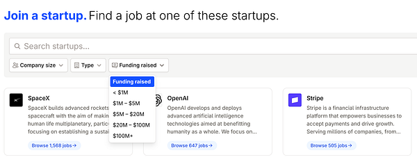 A screenshot of a website displaying a startups page with filters for company size, type, and funding raised, alongside a list of startup cards arranged in a grid layout.
