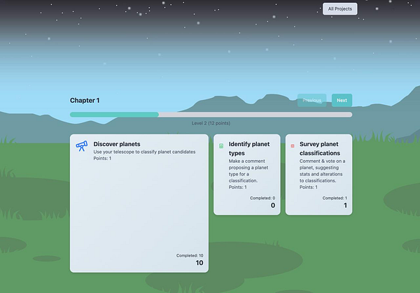 The image displays a mission selection page for a space-themed task interface.