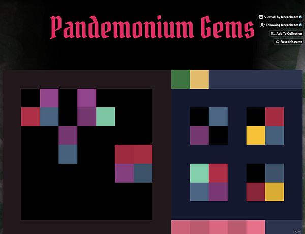 The image displays a game interface for 'Pandemonium Gems' featuring colorful block arrangements.