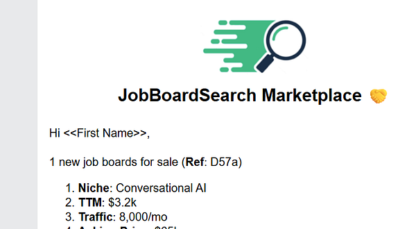 A screenshot of an email newsletter advertising a new job board for sale with various interface elements including subject line, sender details, and content previews.