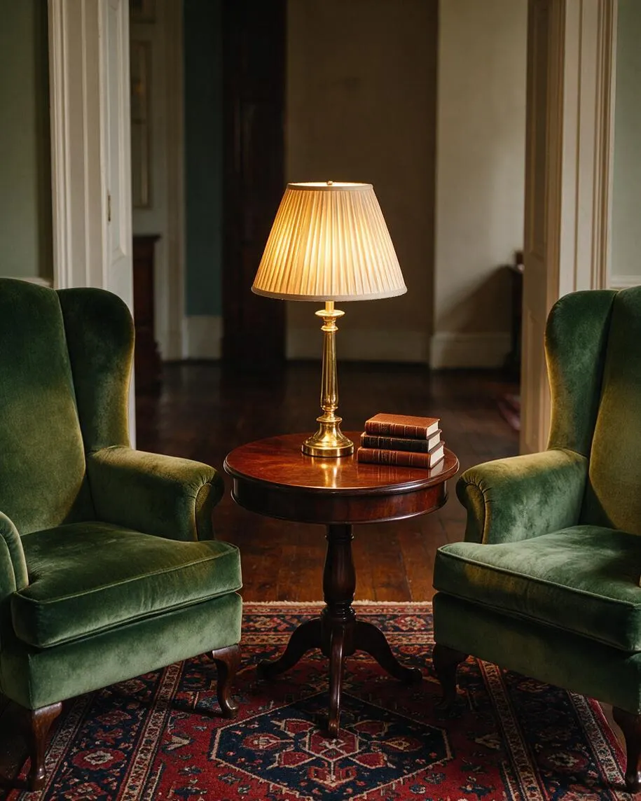 A traditional sitting area with two deep green velvet wingback chairs flanking a round polished wood side table. A brass table lamp with a pleated cream shade glows at the center, with a small stack of books beside it, all resting on a richly patterned red and navy rug.