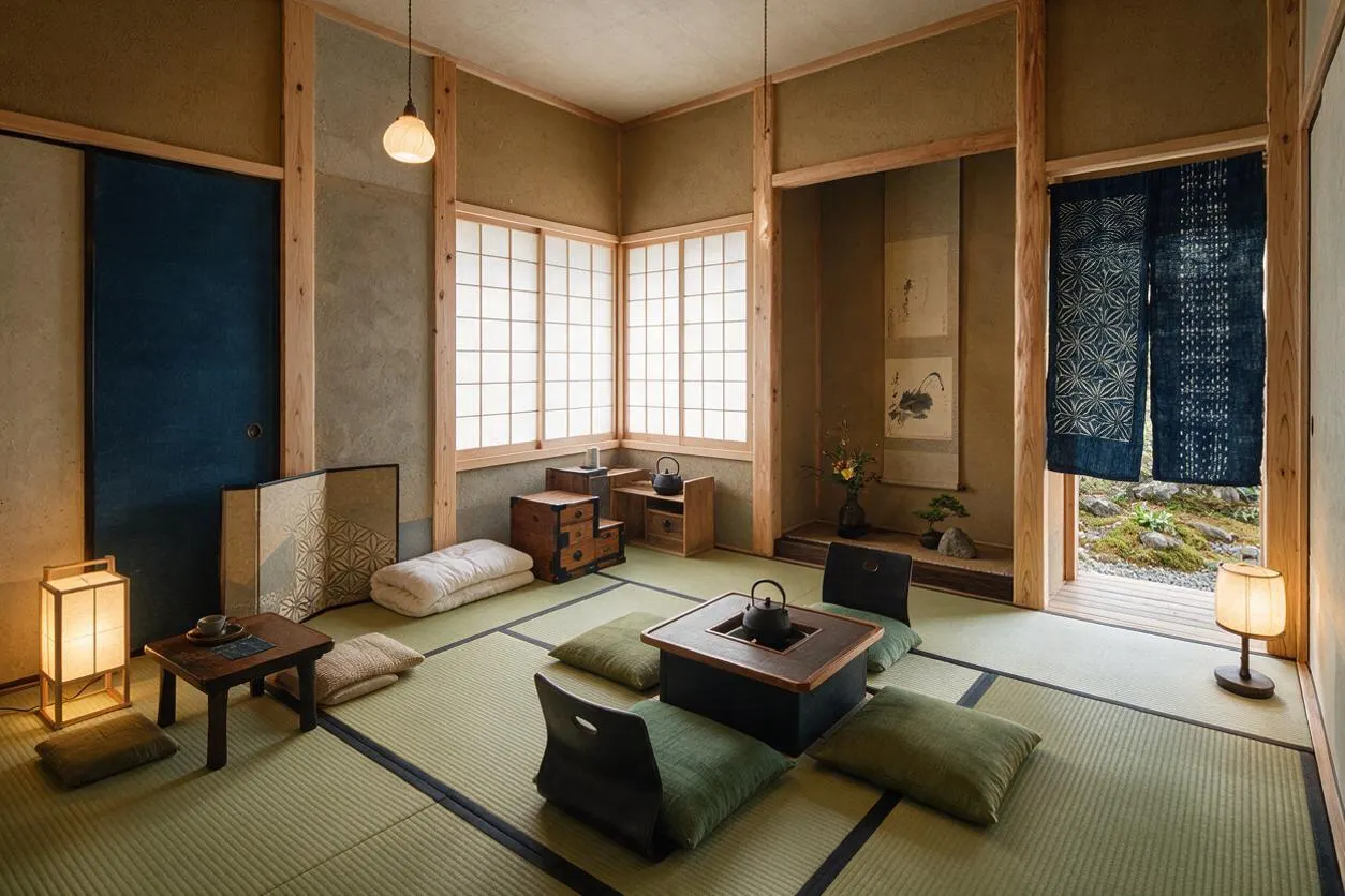 A tranquil Japanese Zen-style nursery with tatami mat flooring, low wooden furniture, and floor cushions arranged around a small central tea table. Shoji screens filter soft daylight, while warm lanterns, natural wood framing, and deep indigo noren curtains create a calm, minimalist atmosphere.