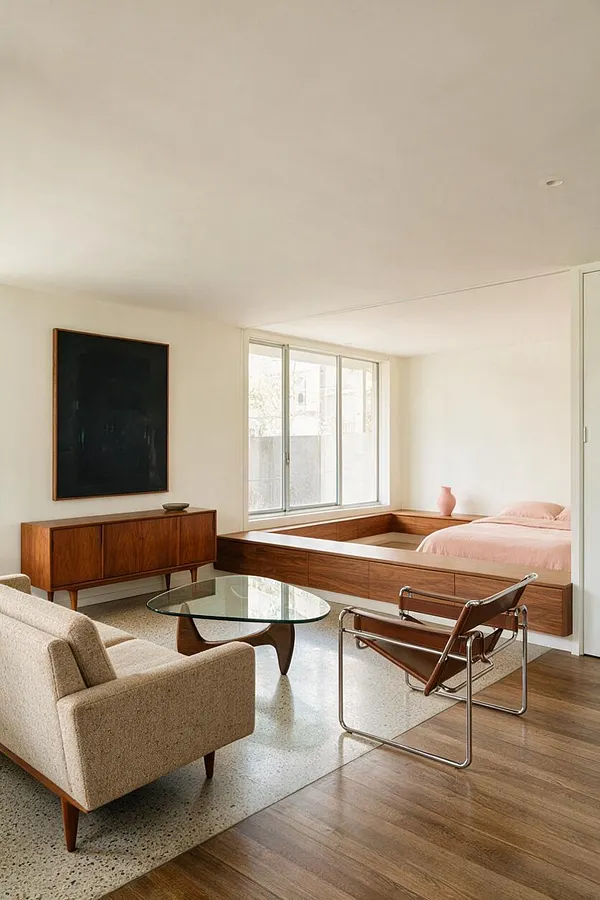 A bright studio apartment combines a low walnut platform bed, a beige upholstered lounge chair, and a glass oval coffee table with sculptural wood base. A mid-century walnut sideboard, framed dark artwork, and a chrome-and-leather sling chair sit against white walls, with pale pink bedding and a small vase adding softness.