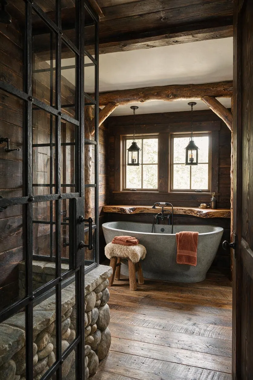 A rustic master bathroom with weathered wood plank walls, exposed timber beams, and a freestanding gray soaking tub centered beneath two windows. Black metal-framed glass doors, a rough wood vanity shelf, and a stone-based shower enclosure add texture and cabin-like warmth.