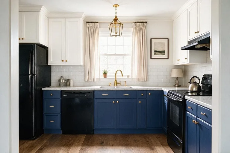 A Transitional kitchen in the Navy and Brass palette: soft white, navy, marble white, pale gray, and brass