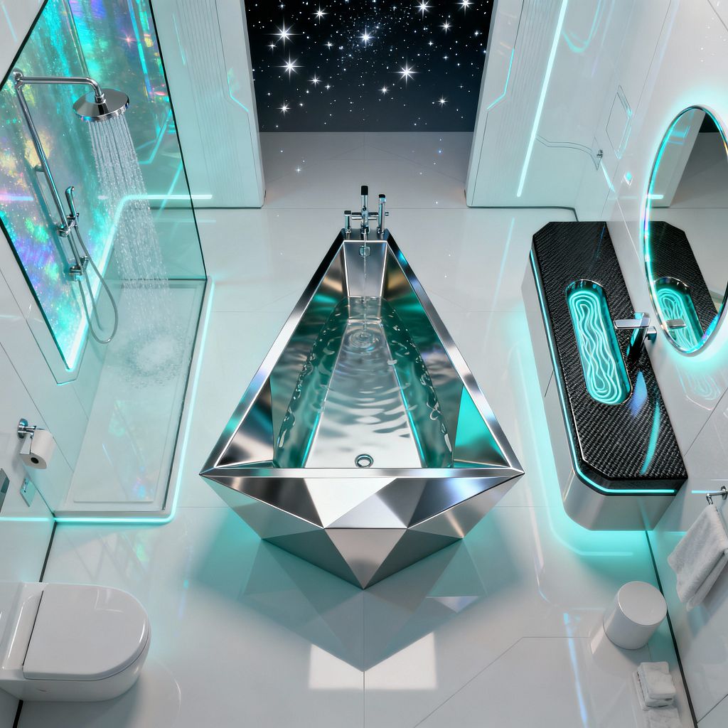 A futuristic bathroom centers on a faceted, polished stainless-steel soaking tub set on glossy white flooring, edged with cyan LED light channels. To the right, a black carbon-fiber vanity with an illuminated oval basin and a round backlit mirror contrasts the space, while a glass shower with a rainfall head and an iridescent panel sits to the left; a starry galaxy wall anchors the far end and minimal white fixtures keep the look sleek.