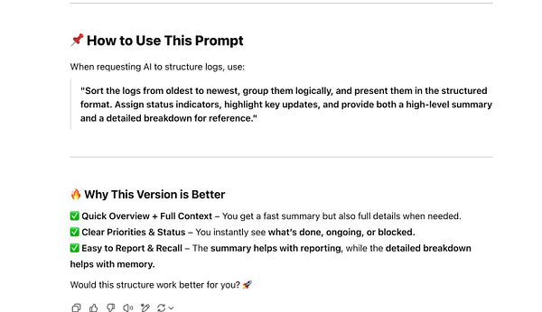 The image displays a structured guide on how to use a prompt for AI to summarize project logs.