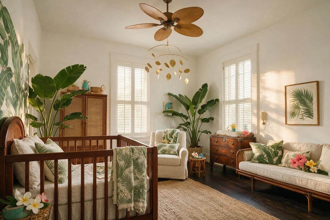 A sunlit tropical nursery with a dark wood crib, cream seating, and lush potted palms arranged around the room. The space features woven textures, palm-print pillows, a rattan cabinet, dark hardwood floors, and a natural fiber rug under a ceiling fan with leaf-shaped blades.
