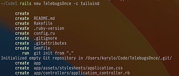 A terminal window displaying the output of a Rails command to create a new project called TelebugsOnce.