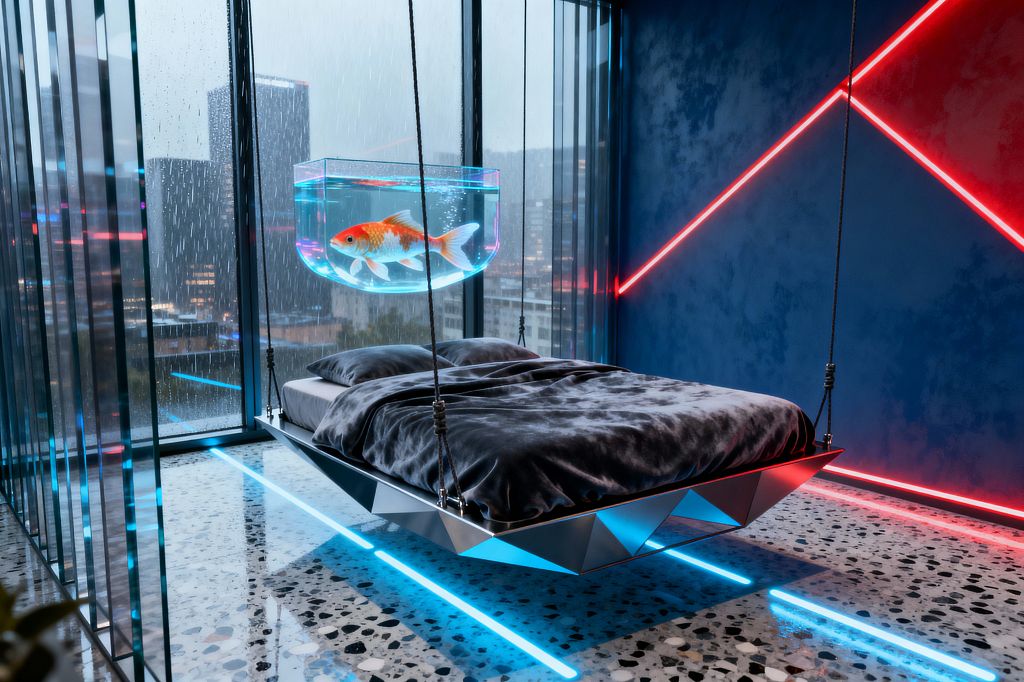 A cyberpunk bedroom features a cable-suspended bed with a faceted metal base and dark gray bedding, illuminated by red and blue LED strips set into a deep blue wall and terrazzo floor. A glowing acrylic aquarium with a large goldfish hangs above the bed, while floor-to-ceiling glass reveals a rainy city skyline and vertical glass fins along one side, creating a moody, futuristic atmosphere.