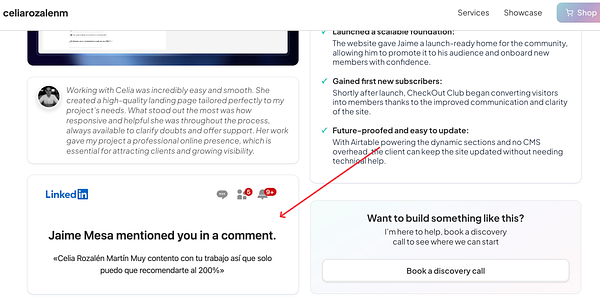 The image displays a website project page featuring a testimonial section and a LinkedIn notification.