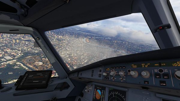 Airplane cockpit view showing the runway of Bangkok airport from the cockpit during an emergency landing simulation or real event.