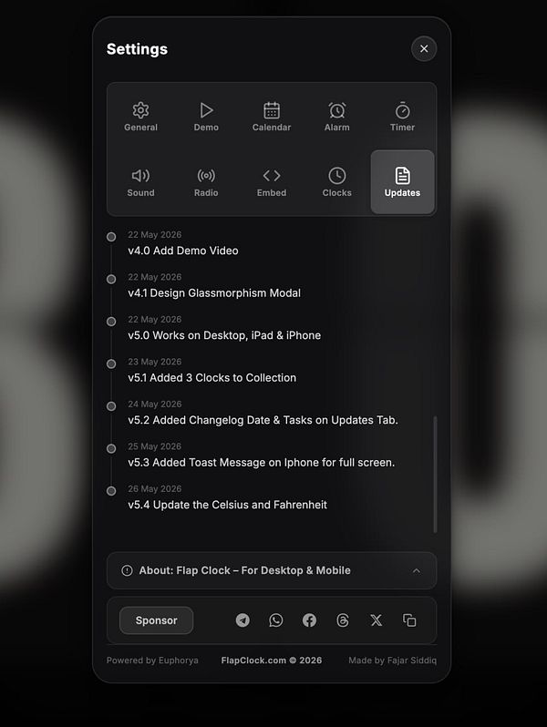 Screenshot of a website displaying the changelog page for flapclock.com with a structured update list.