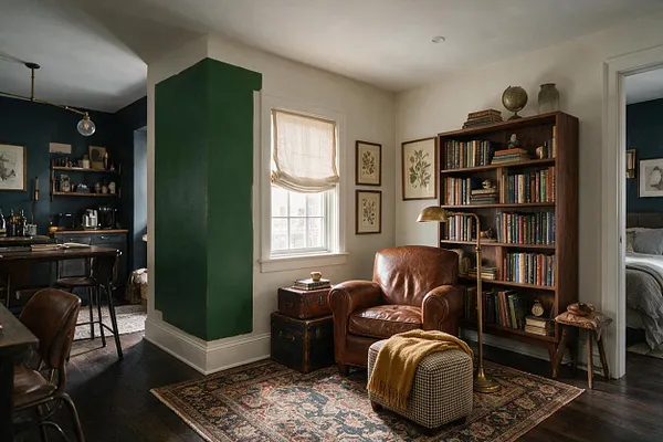 A compact studio apartment styled in Dark Academia decor, with a brown leather armchair, tall wood bookshelf filled with books, and a patterned area rug over dark wood floors. Cream walls, deep green accent paint, framed botanical art, brass lighting, and a glimpse of a moody kitchen create a scholarly, intimate atmosphere.
