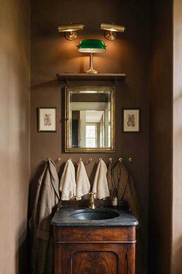 A narrow bathroom with dark brown walls, a vintage brass-framed mirror, and a small dark stone sink vanity in rich wood. Brass wall lamps and a green banker’s light add a scholarly glow, while towels and robes hang on brass hooks below the mirror.