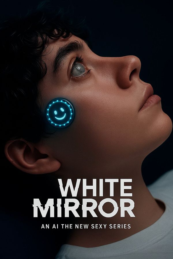 A close-up portrait of a young person with a glowing smiley face icon on their cheek, promoting the 'White Mirror' series.