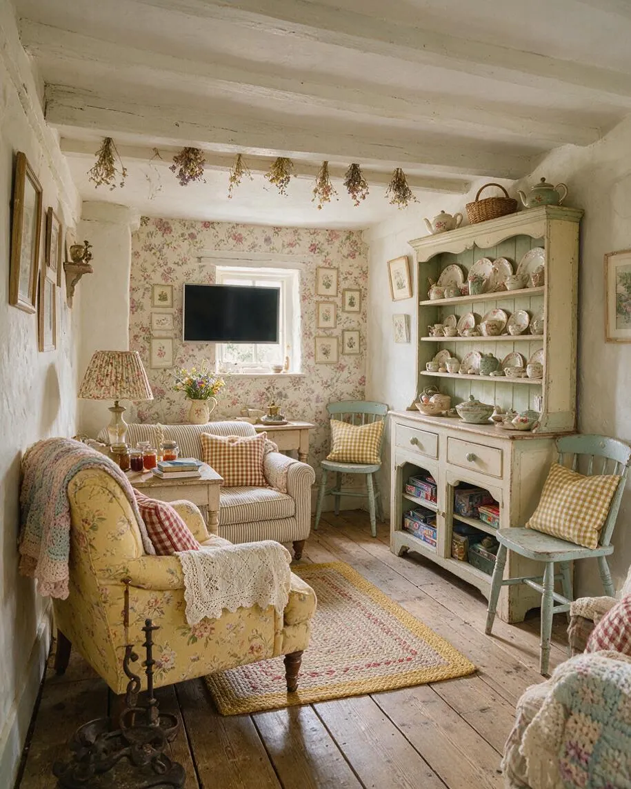A cozy cottagecore media room with whitewashed walls, exposed ceiling beams, floral wallpaper, and a wall-mounted TV centered on the back wall. The room includes mismatched vintage-style seating, a painted hutch filled with china, dried flowers hanging overhead, and soft textiles in warm pastel tones.