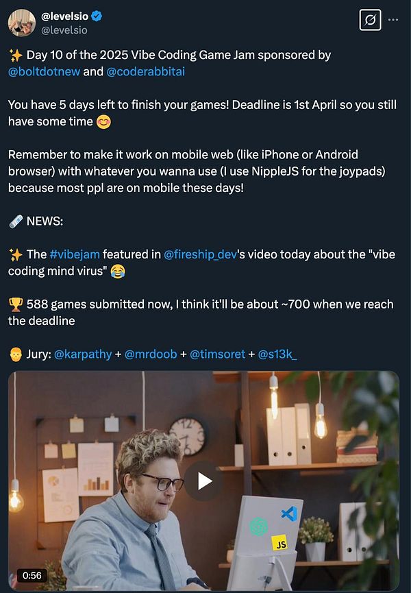 A social media post announcing the Day 10 update of the 2025 Vibe Coding Game Jam.