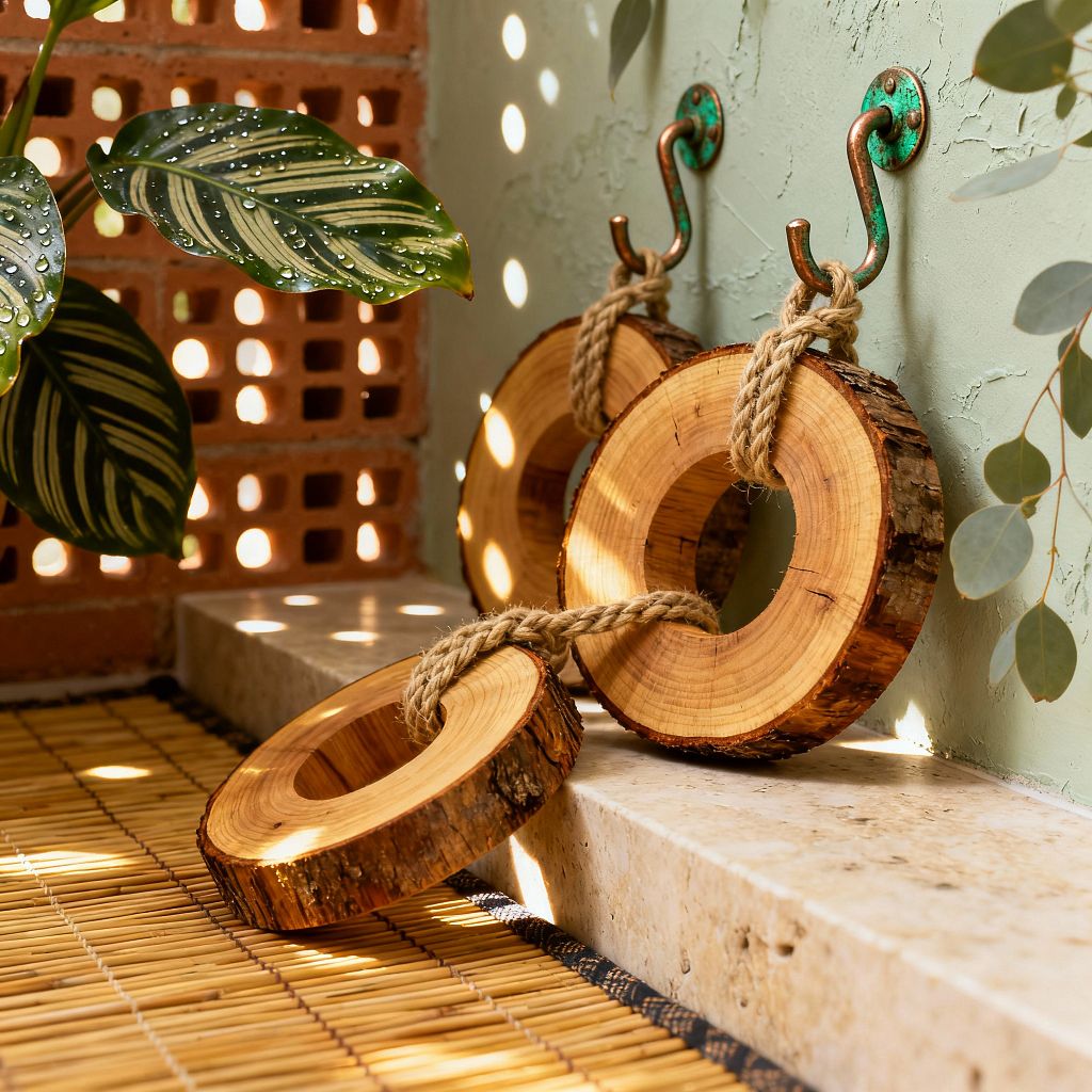 Close-up of a biophilic home gym corner featuring two circular wooden training rings made from tree slices with bark edges, looped with thick jute rope and hung from verdigris metal hooks on a textured sage green wall. A travertine ledge and bamboo mat sit beneath while a perforated terracotta screen casts dappled sunlight, with variegated leaves and trailing greenery framing the space.