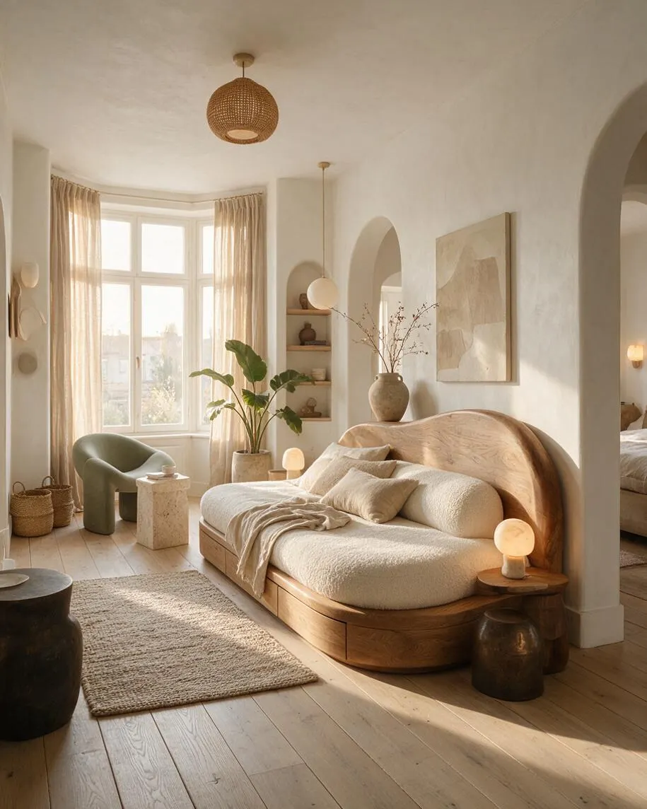 A serene studio apartment with a sculptural curved wood bed dressed in soft cream bedding, set against warm white walls and pale wood floors. Natural textures include a woven pendant light, linen curtains, a textured rug, indoor plants, and ceramic accents in a sunlit, organic modern space.