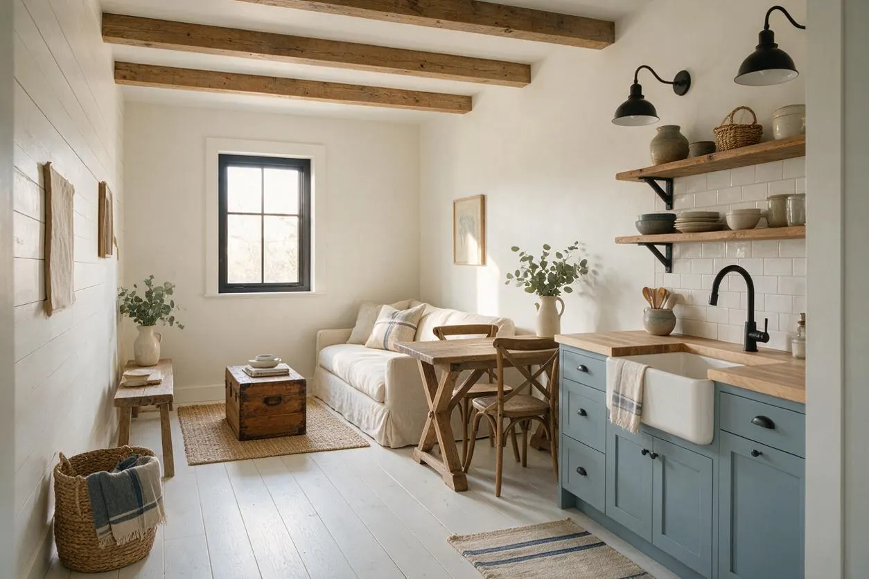 A bright farmhouse-style studio apartment with white walls, exposed wood ceiling beams, and a black-framed window. The space includes a cream sofa, rustic wood table and stool, blue lower kitchen cabinets with a white apron sink, open wood shelves, and woven baskets and rugs for a cozy, natural look.