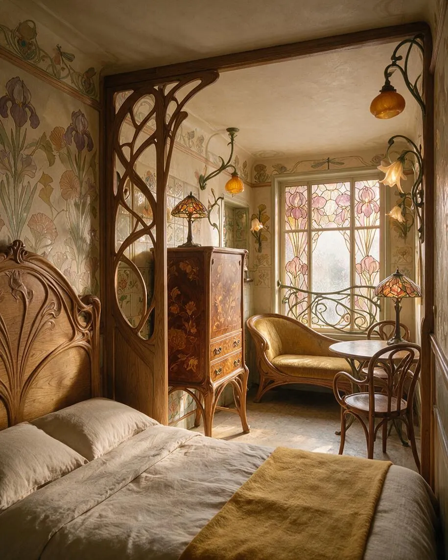 A compact studio apartment in Art Nouveau style with a carved wooden bed in the foreground, floral wallpaper, and a decorative wood partition with flowing organic curves. The room includes amber glass lamps, a curved lounge chair, a small round table, and a stained-glass window with pink floral motifs that fills the space with warm natural light.