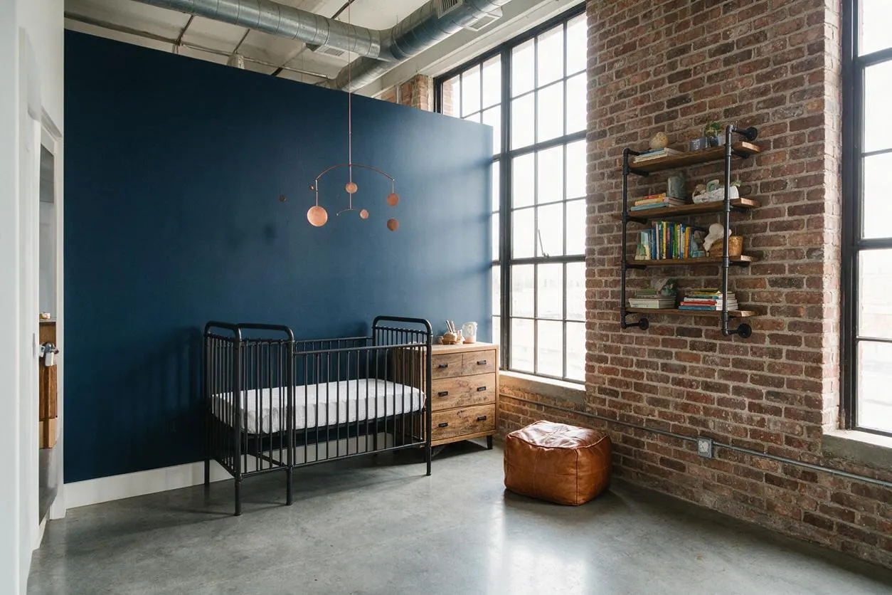 A nursery with industrial character featuring a black metal crib beside a light wood dresser against a deep navy accent wall. Exposed brick, oversized factory-style windows, visible ductwork, and a wall-mounted shelf create a loft-like atmosphere, softened by a copper mobile and a tan leather pouf.