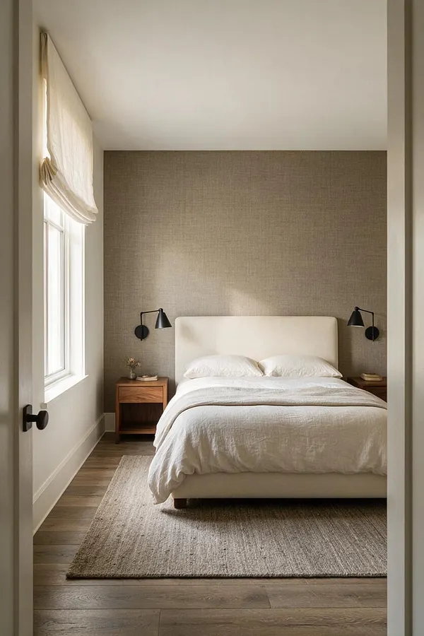 A serene master bedroom with a cream upholstered bed centered against a textured taupe accent wall, flanked by small wood nightstands and black swing-arm sconces. A soft neutral rug and wide wood flooring complete the calm, airy transitional design.