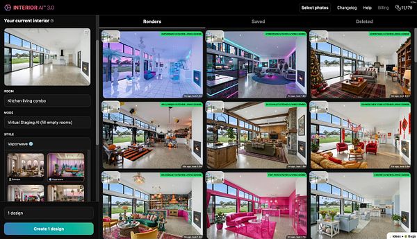 The image displays a user interface for a virtual staging application showcasing various design options for a kitchen living combo.