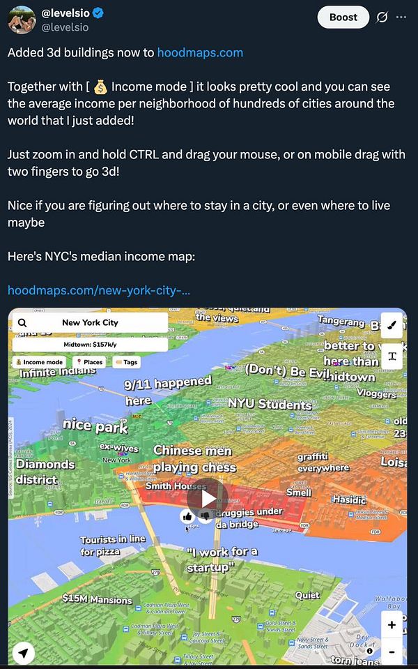 A map visualization displaying 3D income data for neighborhoods in a city.