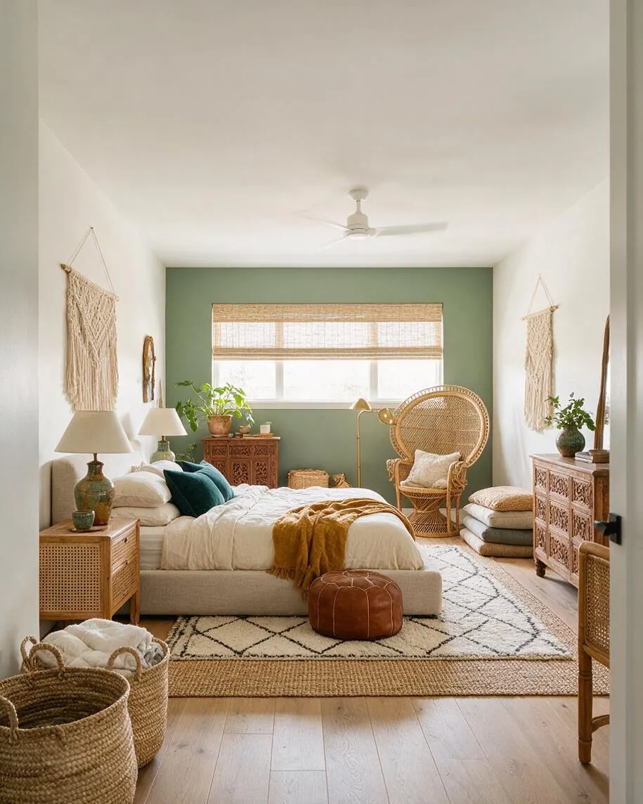 A bright master bedroom styled in bohemian decor, featuring a low upholstered bed with layered neutral bedding, teal pillows, and a mustard throw. The room includes rattan and carved wood furniture, woven wall hangings, a sage green accent wall, a natural fiber rug, and a wicker chair near a window with woven shades.