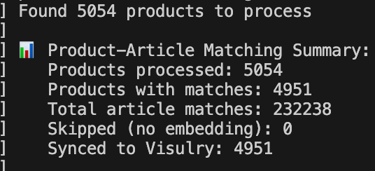 Screenshot of a code editor displaying a Python script for building a product matching algorithm using vector embeddings similarity.