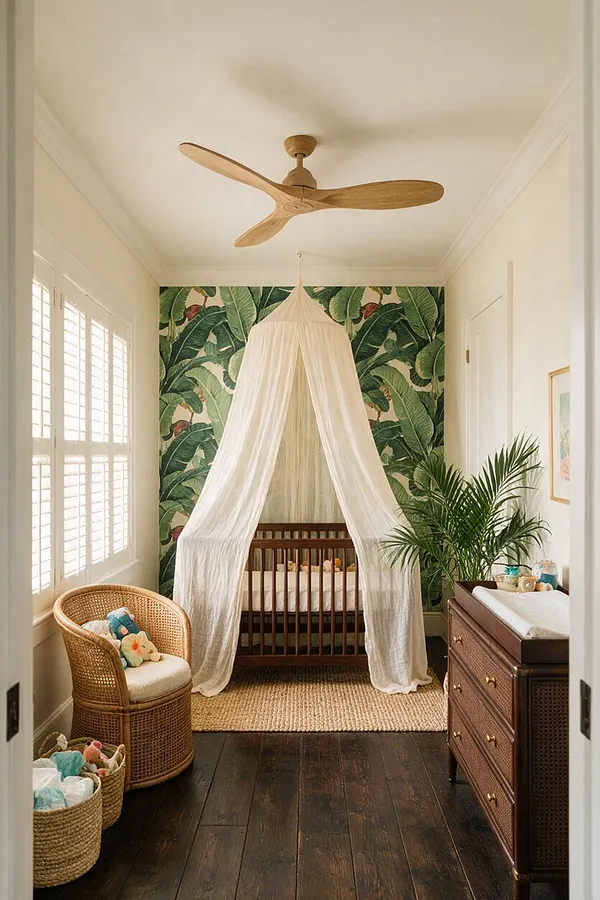 A tropical-style nursery with a wooden crib draped in a white canopy against banana leaf wallpaper. The room features a woven rattan chair, dark wood dresser, jute rug, dark stained floorboards, and a natural wood ceiling fan.