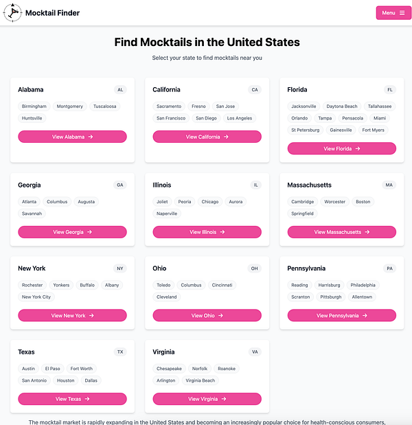 A user interface displaying a list of states in the U.S. for finding mocktails.