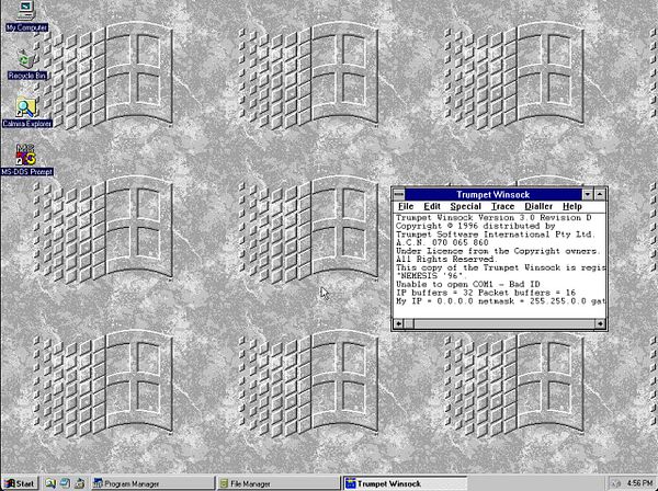 The image displays a Windows 3.11 desktop featuring the Trumpet Winsock application.
