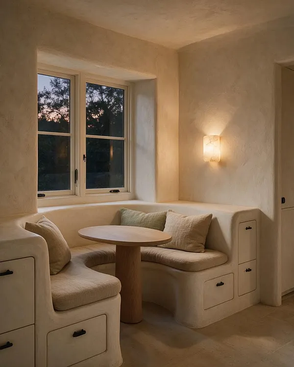 A cozy Organic Modern dining nook with a built-in curved banquette wrapped around a small round wood table. Cream plaster walls, soft beige cushions, and a glowing wall sconce create a warm, intimate atmosphere beside large white-framed windows at dusk.