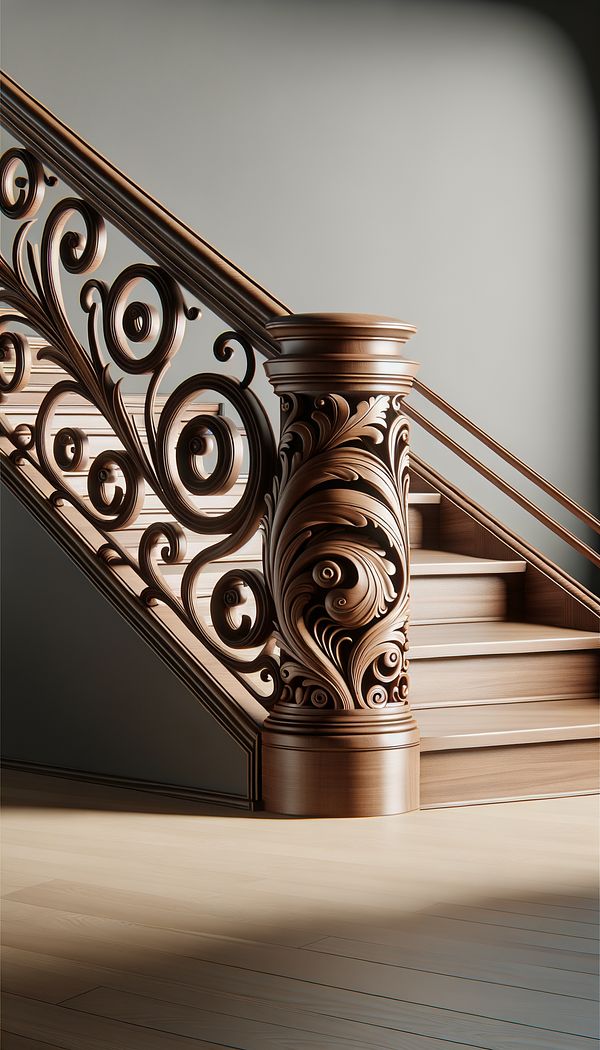 An elegant wooden staircase railing adorned with intricate volute designs, embodying the classical influence in a modern home setting.