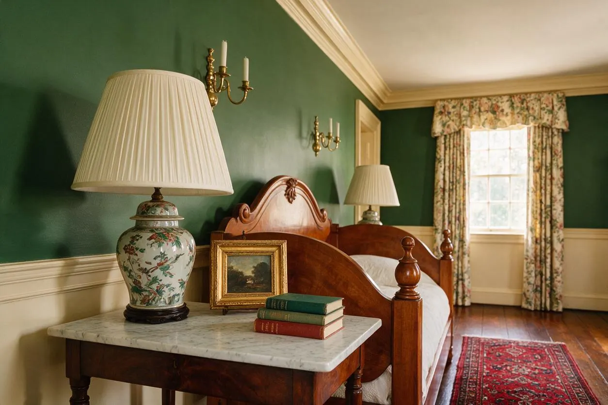 A traditional guest bedroom with deep green walls, white trim, and warm wood furniture. The room features a carved wooden bed, marble-topped side table with a floral ceramic lamp, brass wall sconces, floral curtains, and a red patterned runner on hardwood floors.