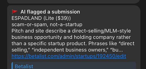 Screenshot of an AI-generated flagging alert for a startup submission labeled as scam-or-spam in an admin interface.