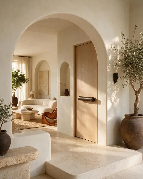 A warm organic modern entryway with smooth white stucco walls, a large arched opening, and a light wood door with a dark cylindrical handle. Potted olive trees, a curved cream sofa, stone tables, and soft neutral textiles create a calm, sunlit atmosphere.